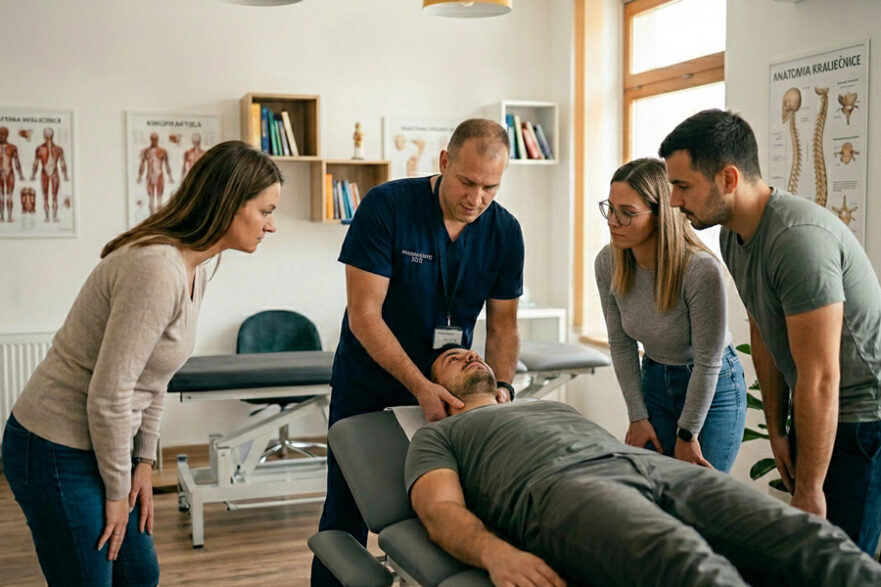 kiroprkaticar pokazuje na modelu tehniku manipulacije vrata dok ga gleda troje ucenika