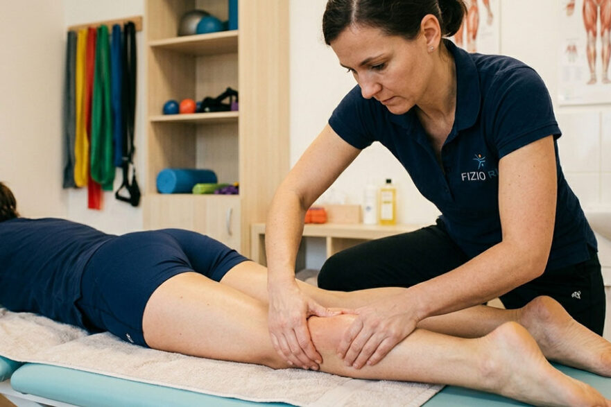 terapeutica u tamno plavoj majici radi klinicku masazu na klijneticinoj nozi