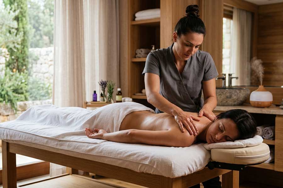 maserka u sivoj majici masira klijenticu koja lezi na stolu u wellness centru