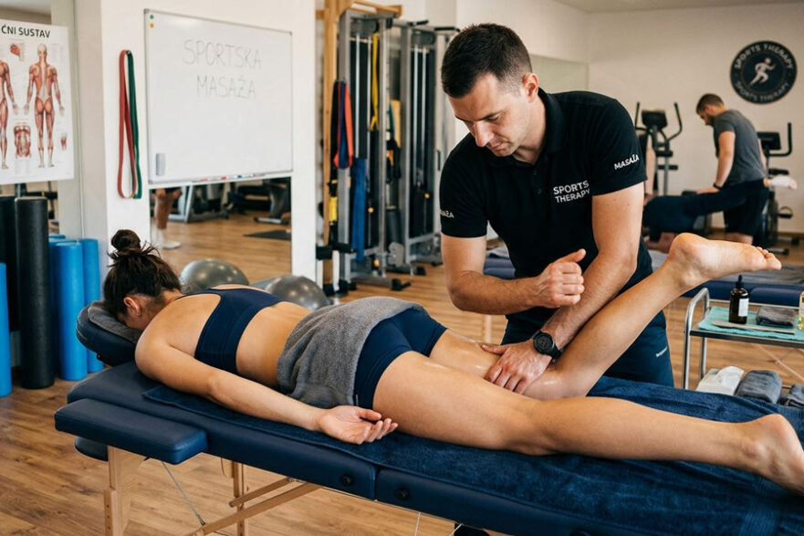 maser u crnoj majici radi sportsku masazu na zadnjoj lozi zeni koja lezi na trbuhu