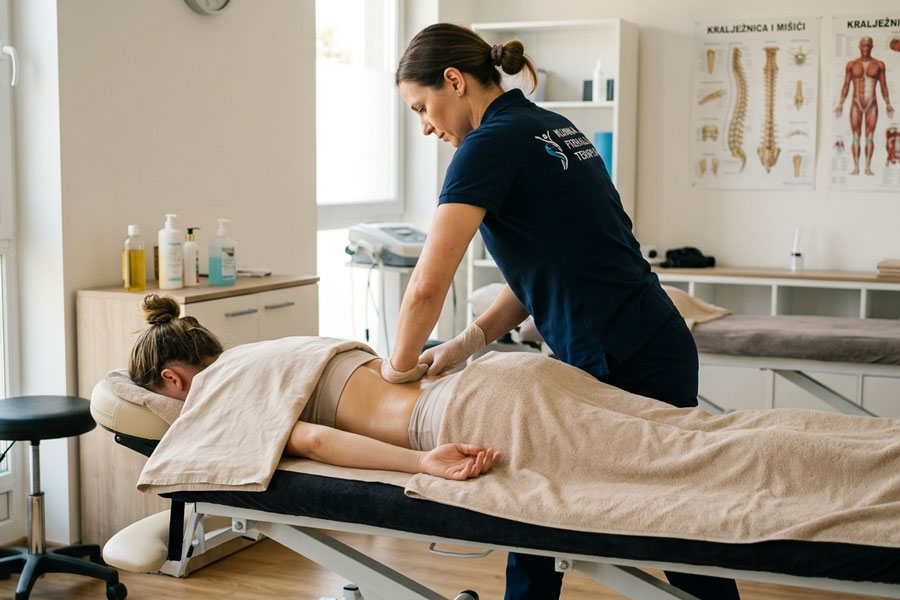 terapeutkinja u tamno plavoj odori radi klinicku masazu na klijentici koja je pokrivena s dva rucnika